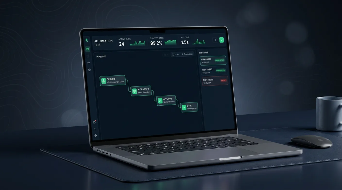 Studio render — AI Automation Copilot flow builder on a MacBook: node graph, run logs and KPI strip in dark navy with jade accents