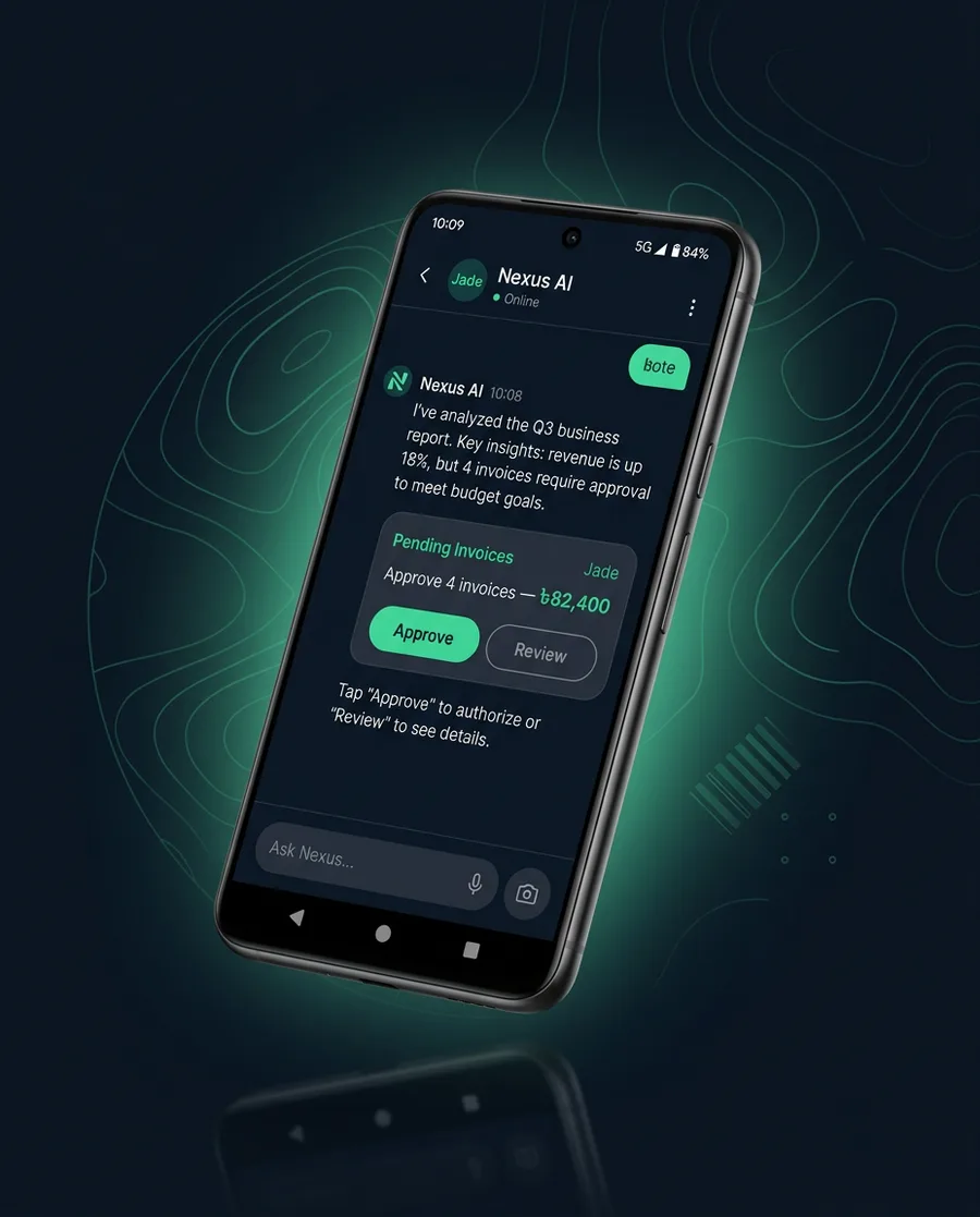 Studio render — phone showing a chat thread with an approval card for invoice payments