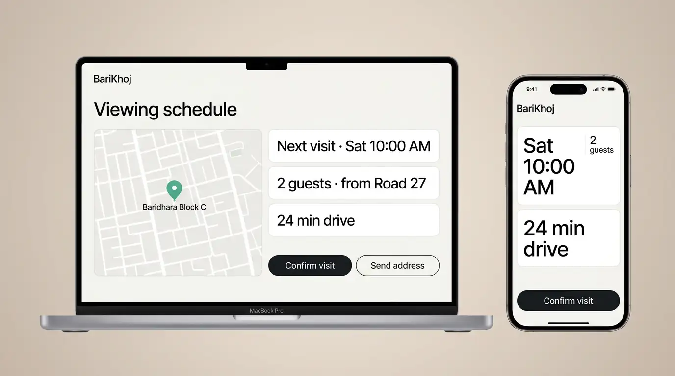 Studio device render — viewing schedule on MacBook with a map pin at Baridhara Block C, a Saturday 10:00 AM visit for two guests, 24 minutes drive, confirm and send-address actions, mirrored on the phone