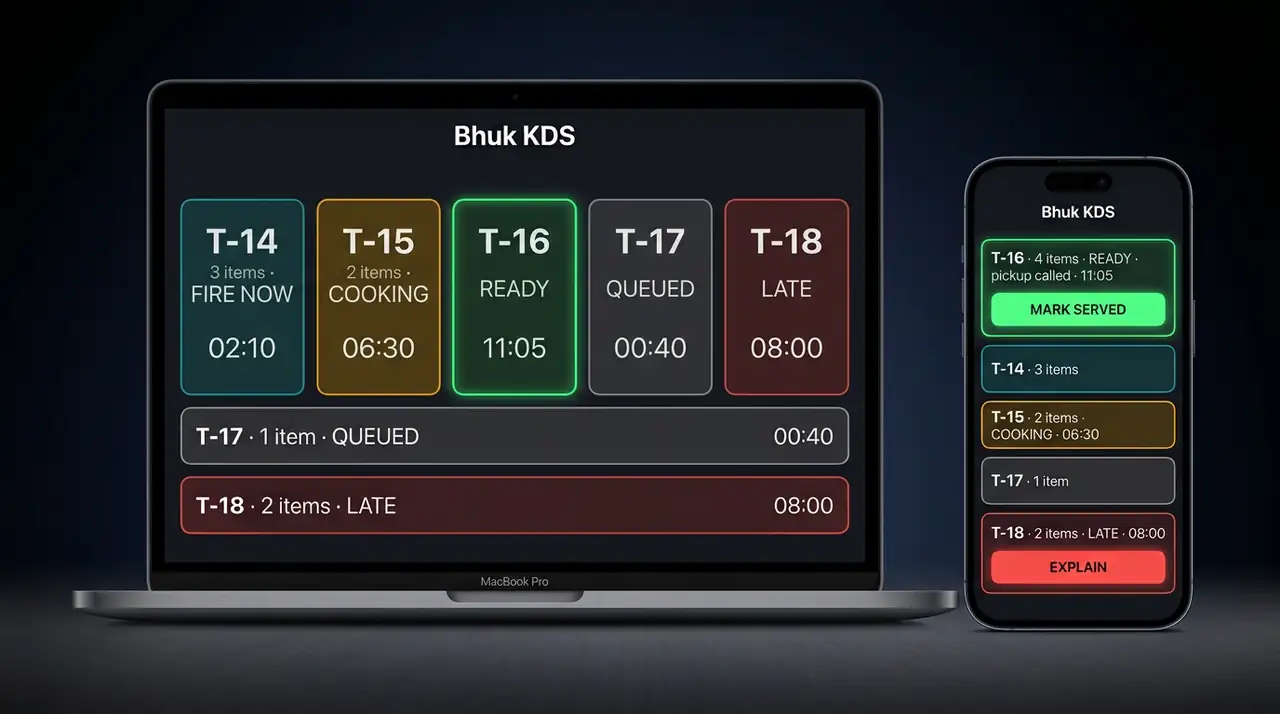 Studio device render — dark kitchen display with five status-colored tickets and timers on MacBook, the same tickets as a phone list with Mark served button