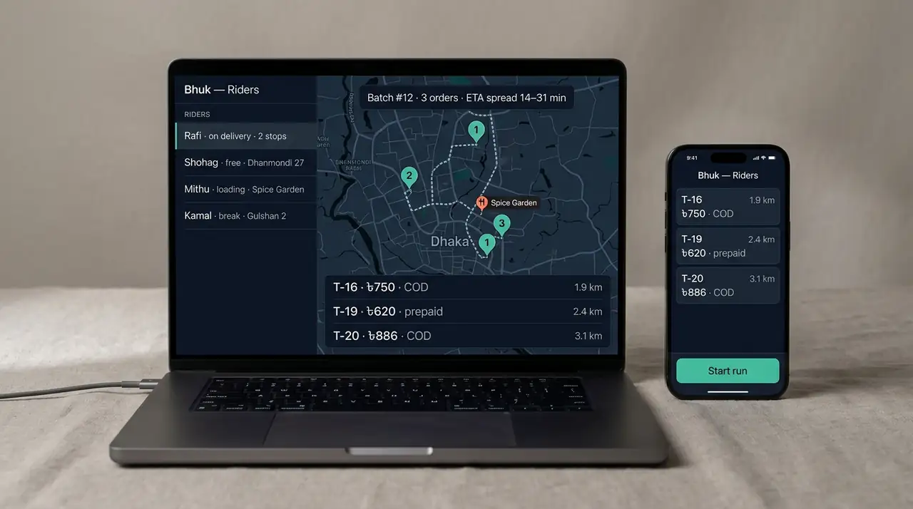Studio device render — dark dispatch board with rider list, batch card with three orders and a numbered route map, the same orders on a phone with Start run