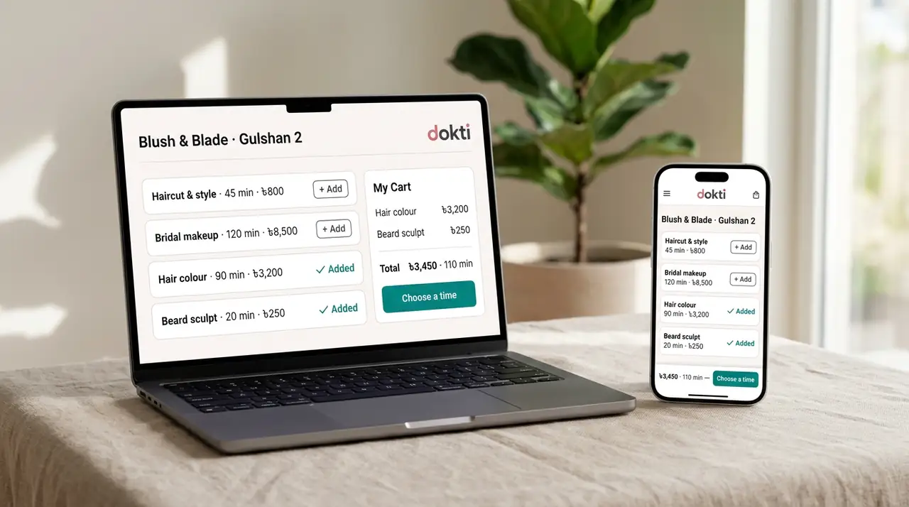 Studio device render — MacBook and iPhone side by side showing the Dokti salon service list in light mode: identical rows, prices and a ৳3,450 cart that reconciles on both screens