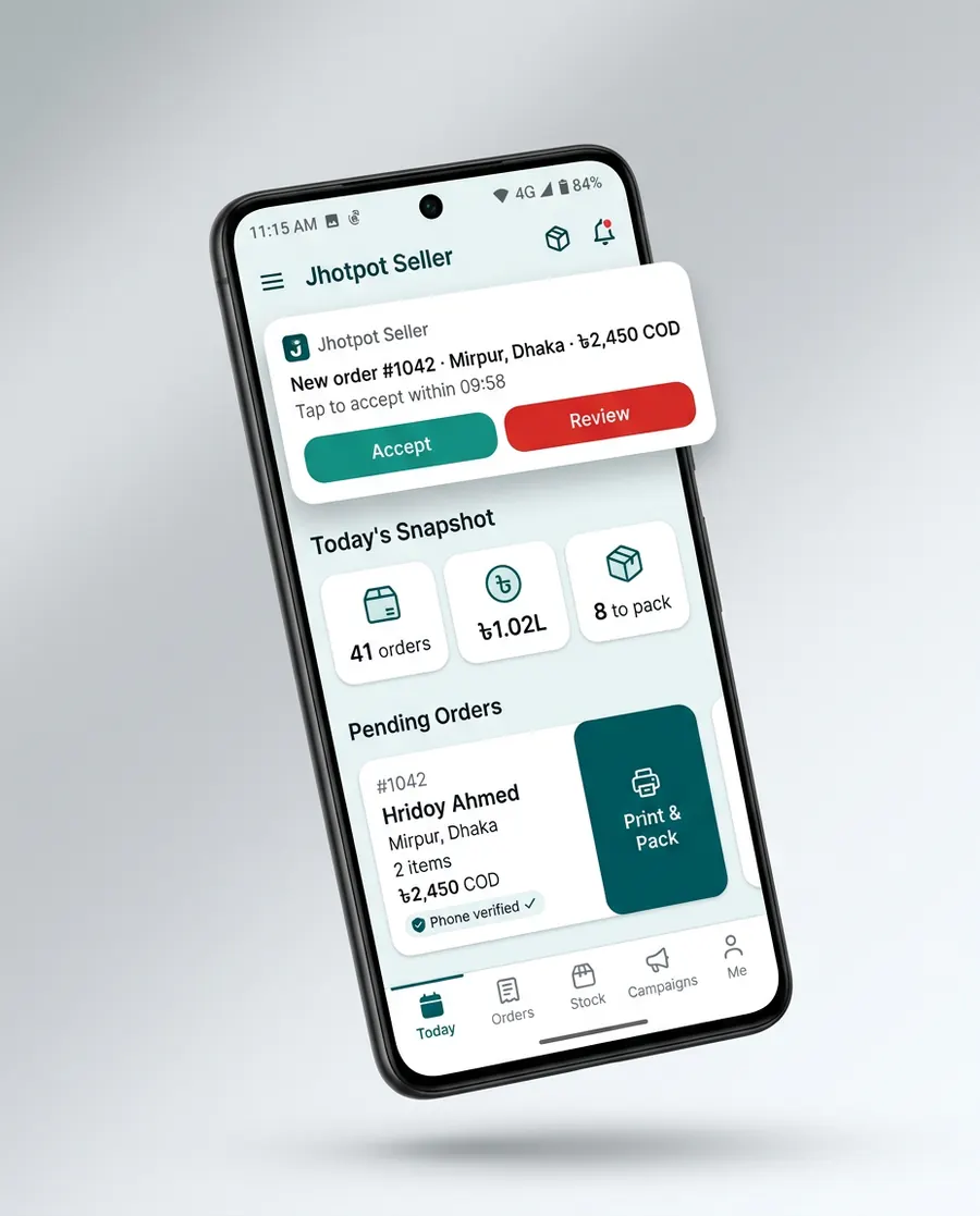 Studio render — phone showing seller app with a new-order push notification with accept countdown and phone-verified badge