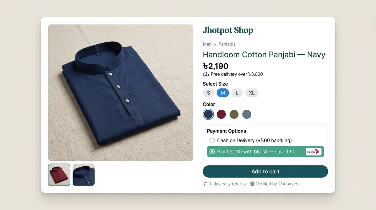 Studio render — Jhotpot product page: panjabi with size chips, COD-plus-handling and bKash-save option, add to cart and returns trust row
