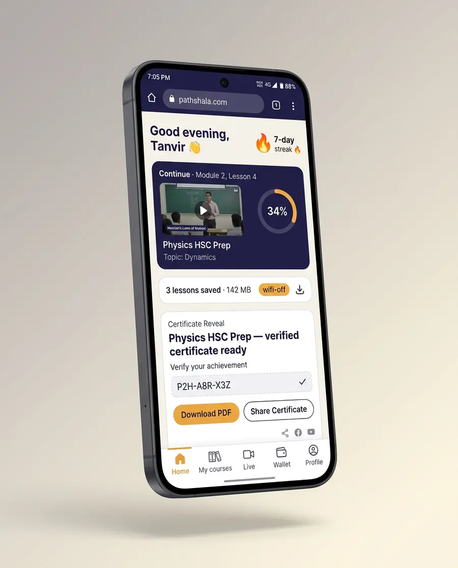 Studio render — phone showing Pathshala mobile web app with streak counter, resume card, offline downloads and verified certificate