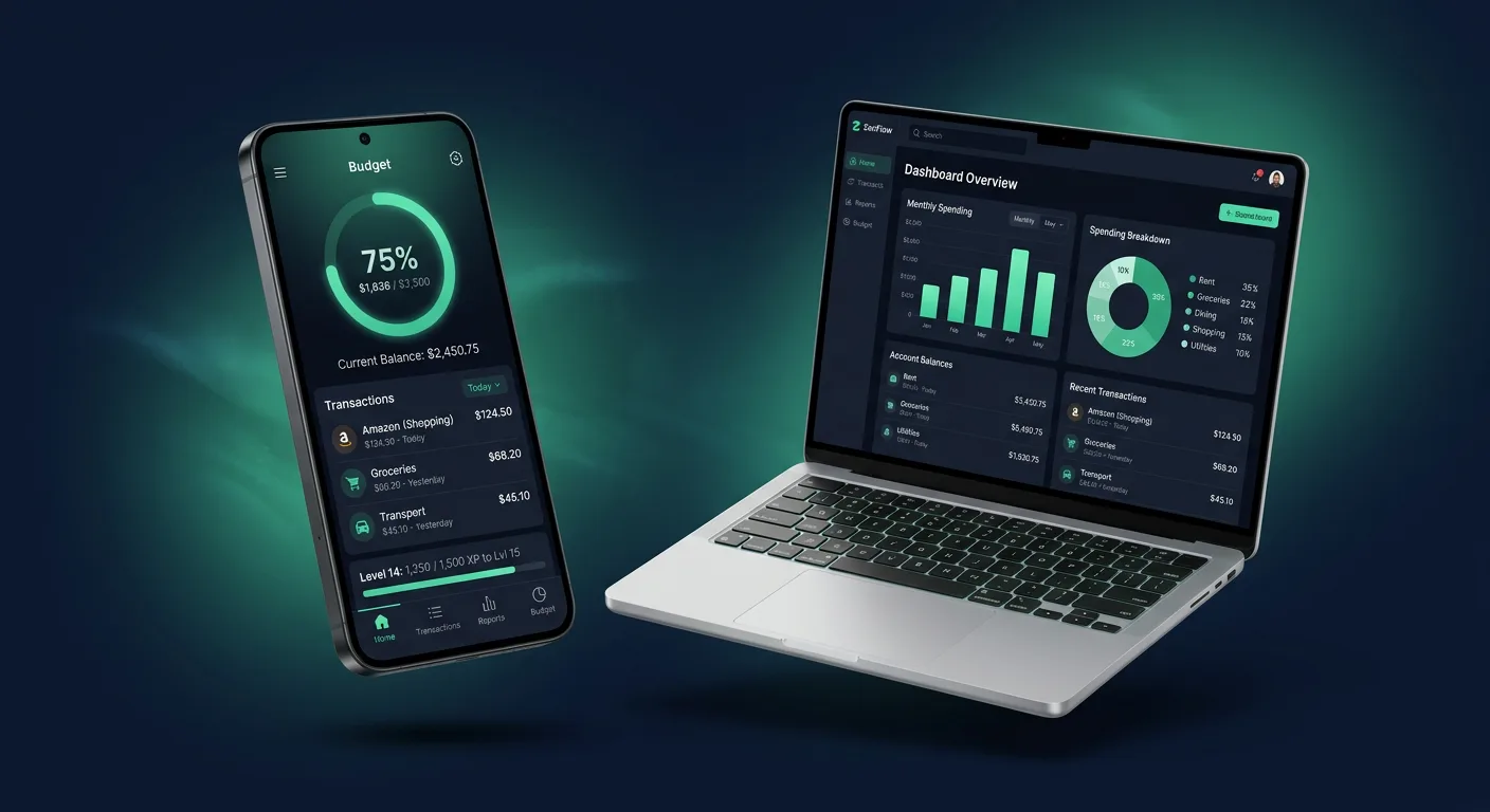 Studio render of Money AI expense tracker on phone and web dashboard with charts
