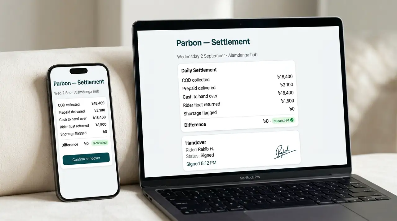 Studio device render — settlement sheet on MacBook with six reconciling lines ending in difference-zero and a rider handover signature card, the same lines on a phone with a confirm button