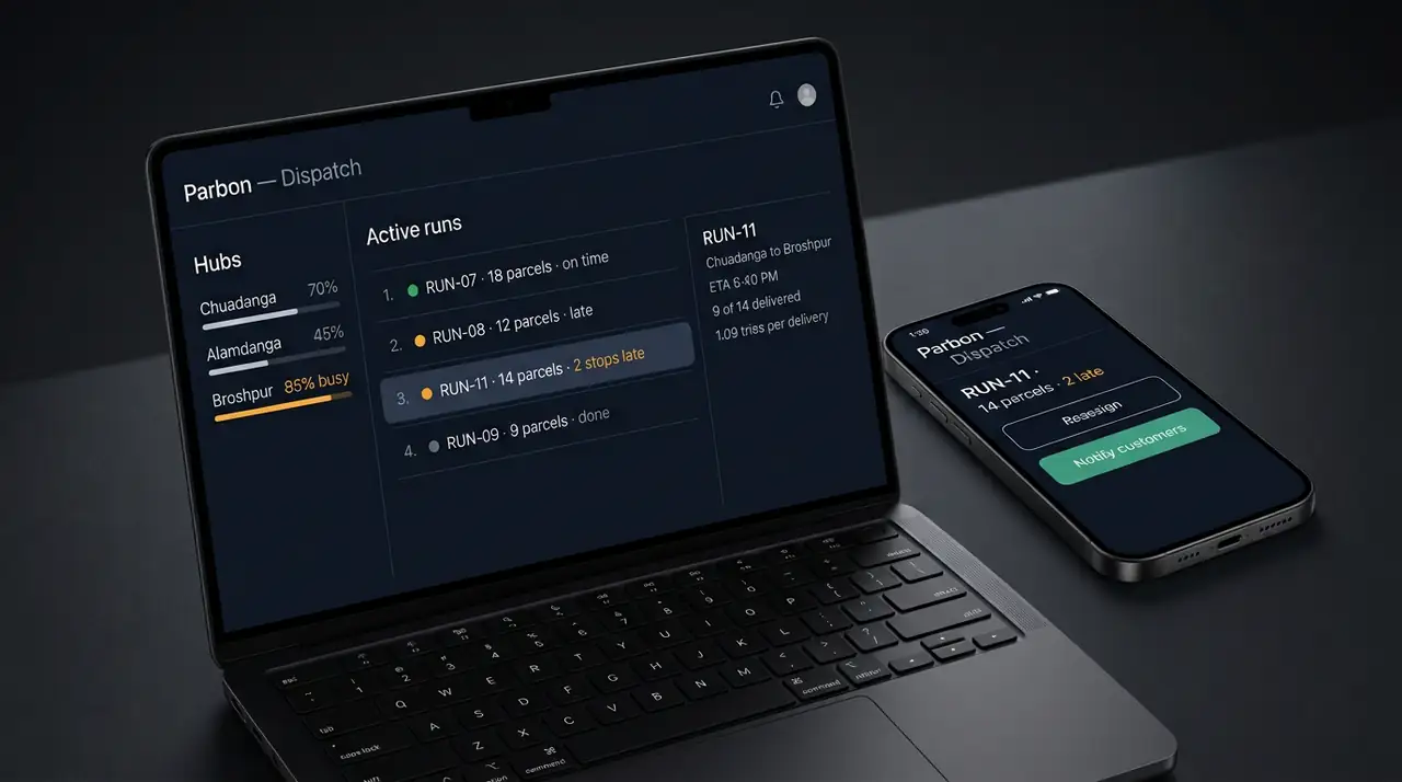 Studio device render — dark dispatch board on MacBook listing four runs with status dots and a selected run detail, the same run card on a phone with reassign and notify actions