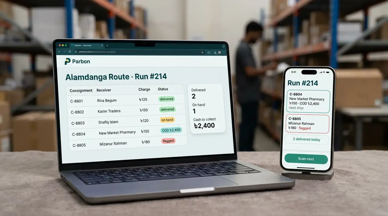 Studio device render — MacBook and iPhone showing the same Parbon courier manifest: five consignments with charge and status chips, the phone carrying next-stop COD of ৳2,400 and a Scan next button
