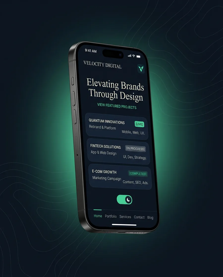 Studio render of the mobile card list of projects in dark theme