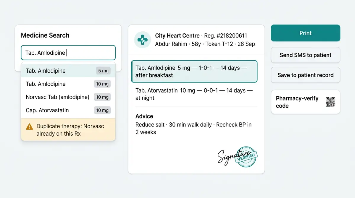 Studio render — prescription writer with medicine search, duplicate therapy warning and typed Rx sheet with verification stamp