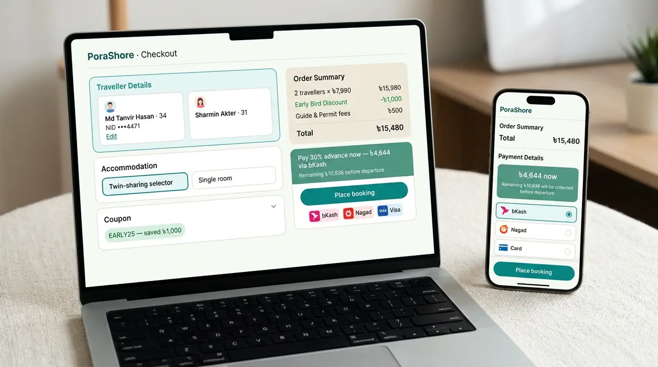 Studio device render — light mode checkout on MacBook and iPhone with identical order summary, 15,480 total and 30% advance box