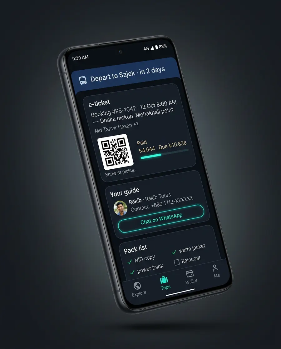 Studio render — same phone trip screen in dark mode with glowing e-ticket and due-progress bar