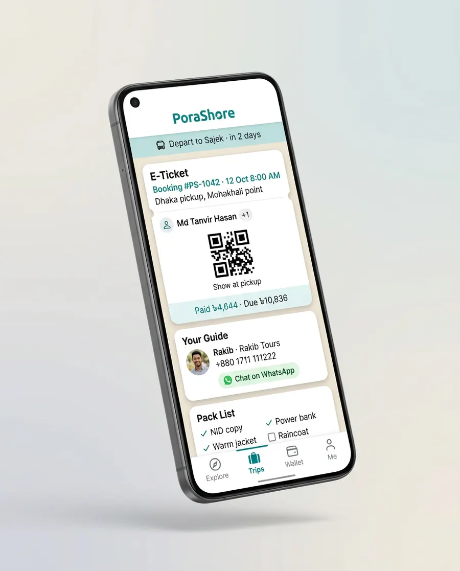 Studio render — phone trip screen in light mode with e-ticket QR, paid-due ledger line, guide contact card and pack list